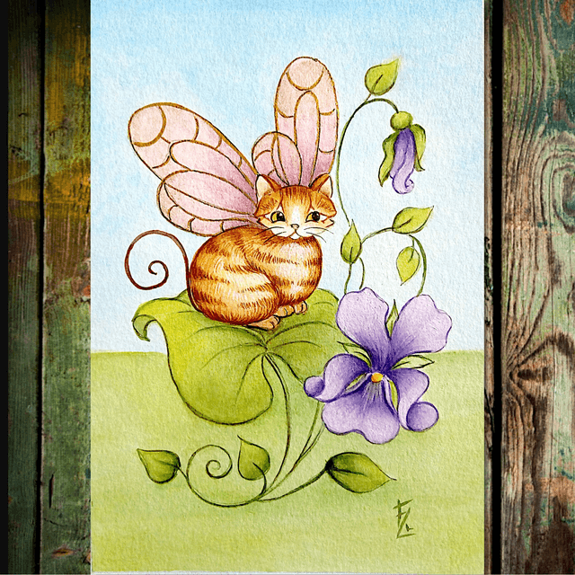Chat ailé aux violettes