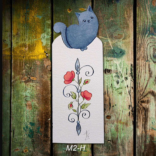 Marque-page aquarelle chat "Swanny" - Frise de cœurs bleus