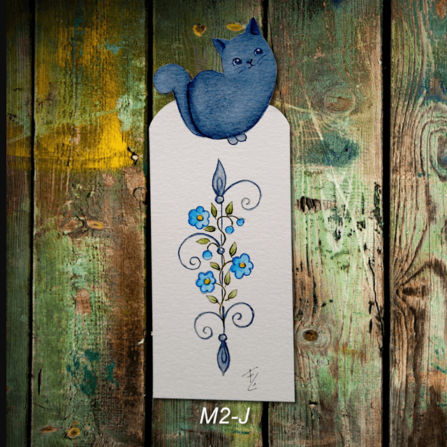 Marque-page aquarelle chat "Swanny" - Frise de cœurs bleus