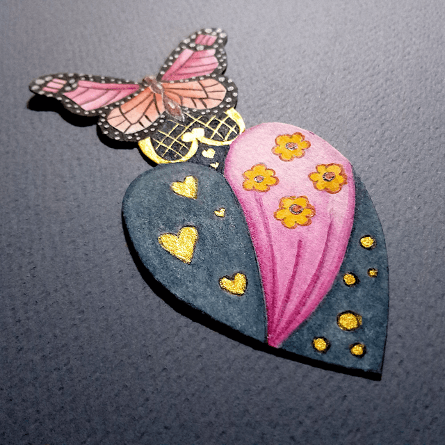 Marque-page aquarelle "Cœur & papillon"- rose et bleu