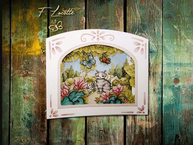 Carte tunnel - Chat gris & cyclamens